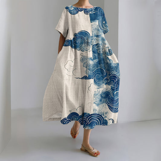 Comstylish Women's Japanese Art Gradient Print Midi Dress