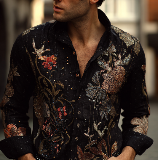 Bohemian Style Plant And Flower Pattern Men's Retro Cotton And Linen Shirt elevenforest