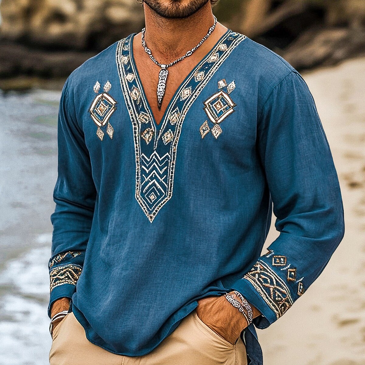 Men's Viking Ethnic Style Summer Beach Wear Art Print Linen T-shirt elevenforest