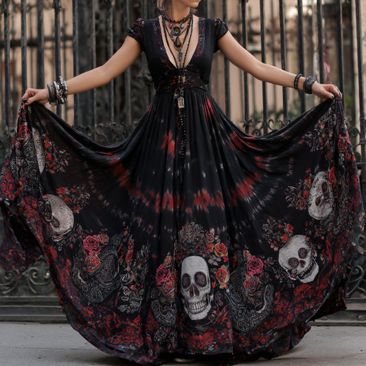 Ladies' Skull Tie-dye Blood-colored Rose Vintage Print Short-sleeved Long Dress elevenforest