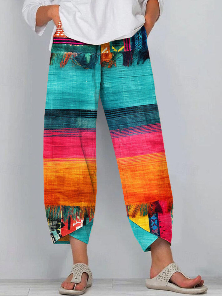 Boho Tassel Contrast Color Linen Blend Pants elevenforest