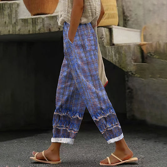 Comstylish Women's Casual Plaid Lace Linen Pants