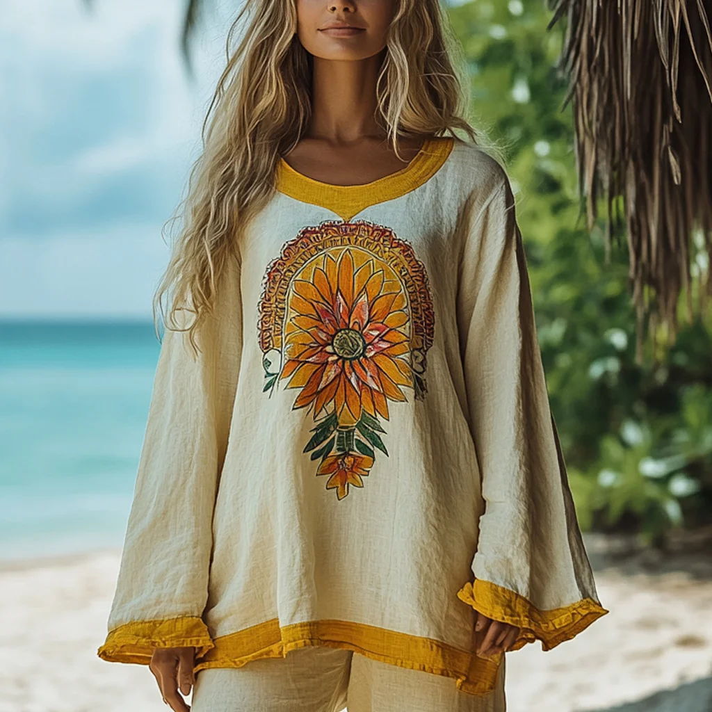 Comstylish Vintage Bohemian Beach Vacation Floral Art Linen Long-sleeved Round Neck Tops