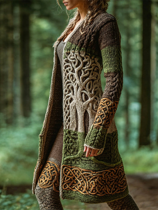 Viking Celtic Tree Art Women's Knitted Long Cardigan artswardrobe