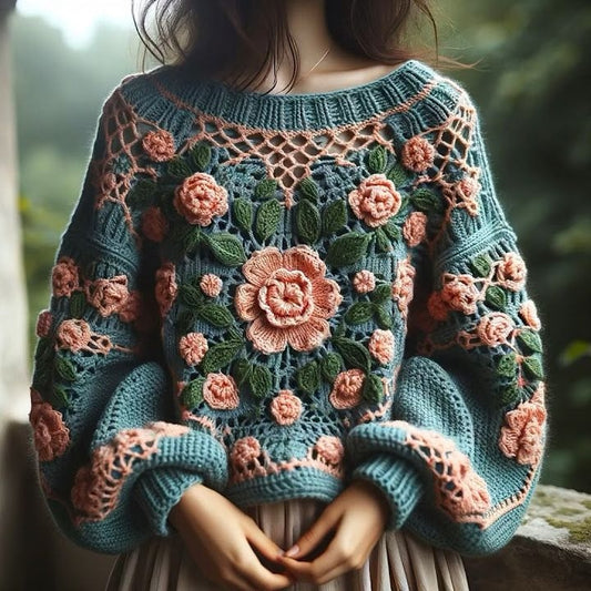 Classic Thick Knitted Crochet Floral Contrast Sweater elevenforest