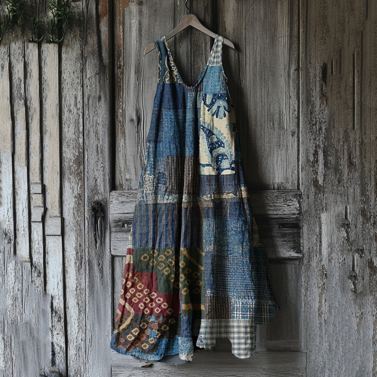 Women's Japanese Traditional Sashiko In Floral Patchwork Art Cotton And Linen Dress elevenforest