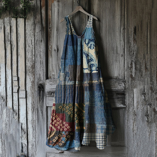Women's Japanese Traditional Sashiko In Floral Patchwork Art Cotton And Linen Dress elevenforest