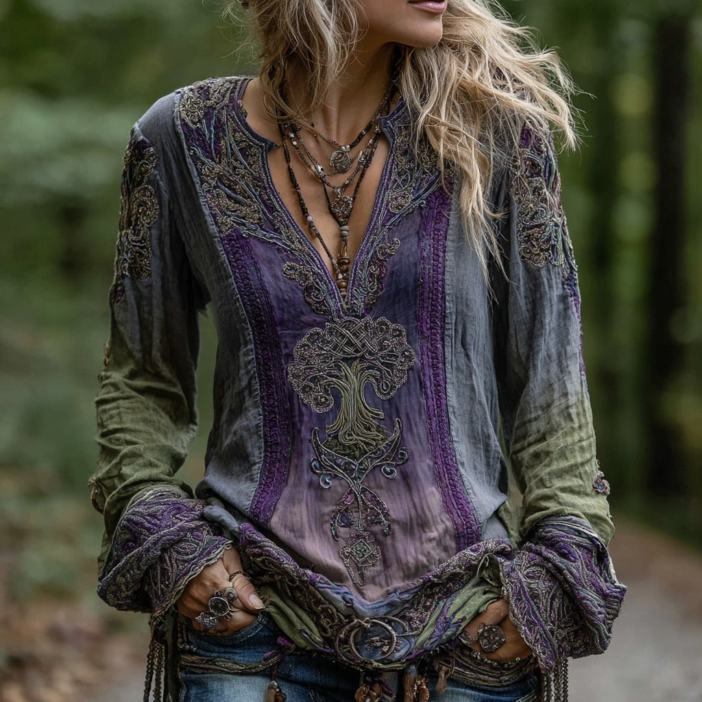 Women's Vintage Life Of Tree Celtic Knot Art Pattern Linen Shirt elevenforest