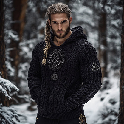 Men's Viking Tribal Jacquard Celtic Inspired Chunky Knit Hooded Sweater elevenforest