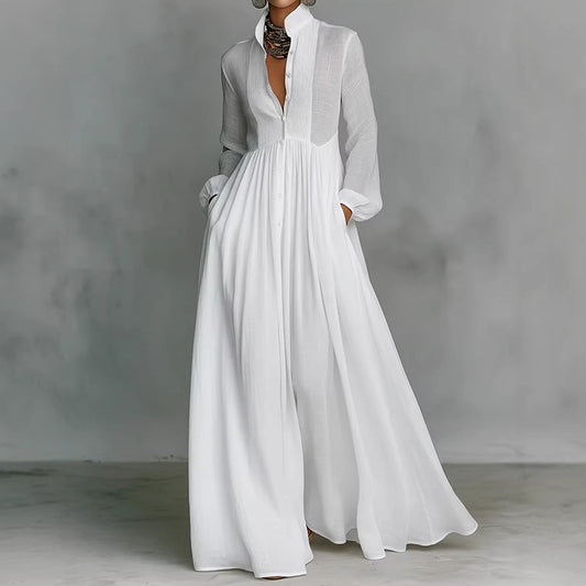 Comstylish Women's Casual Solid Color Pleated Cotton Linen Maxi Dress