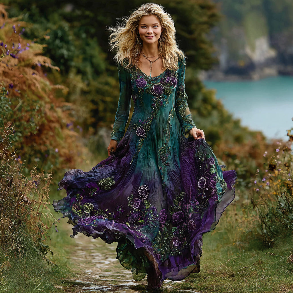 Women's Vintage Rose Floral Gradient Pattern Round Neck Long Sleeve Dress elevenforest