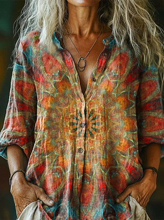 Women's Retro Mandala Art Print Linen And Cotton V-neck Casual Shirt