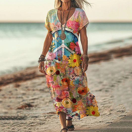 Comstylish Vintage Hippie Vibe Peace And Love Hippie Floral Painting Art Pattern Linen Blend V-neck Loose Midi Dress