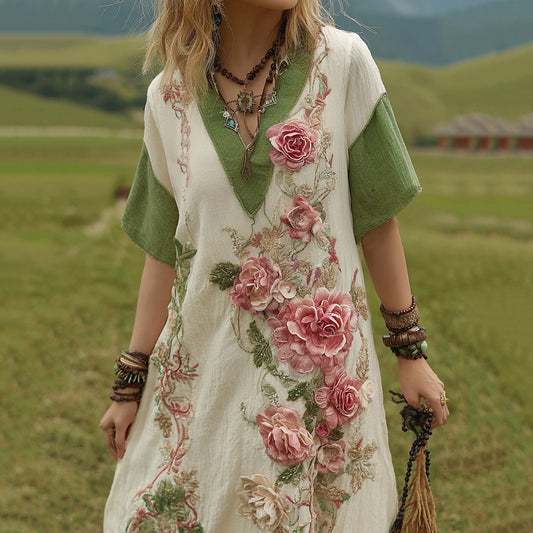 Love & Health Collection Classy Gradient Pink Roses Cancer Awareness Embroidered Art Linen Maxi Dress elevenforest