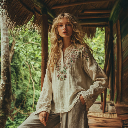 Retro Floral Half Button Casual Long Sleeve Henley Shirts elevenforest