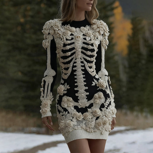 Comstylish Women's Halloween Skeleton Bones With Rose Art Cozy Knit Mini Sweater Dress