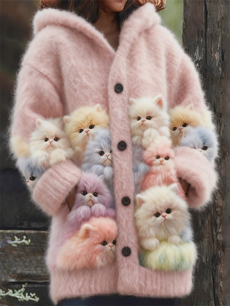 Lovely Fuzzy Colorful Cats Cozy Hooded Cardigan elevenforest