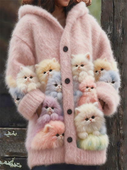Lovely Fuzzy Colorful Cats Cozy Hooded Cardigan elevenforest