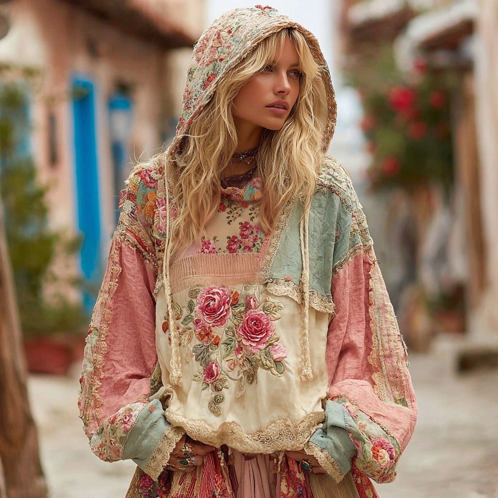 Love & Health Collection Classic Floral Patchwork Art Linen Long Sleeve Hoodie elevenforest