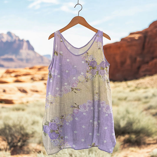 Women's Boho Purple Rose Polka Dot Art Linen Tank Top elevenforest