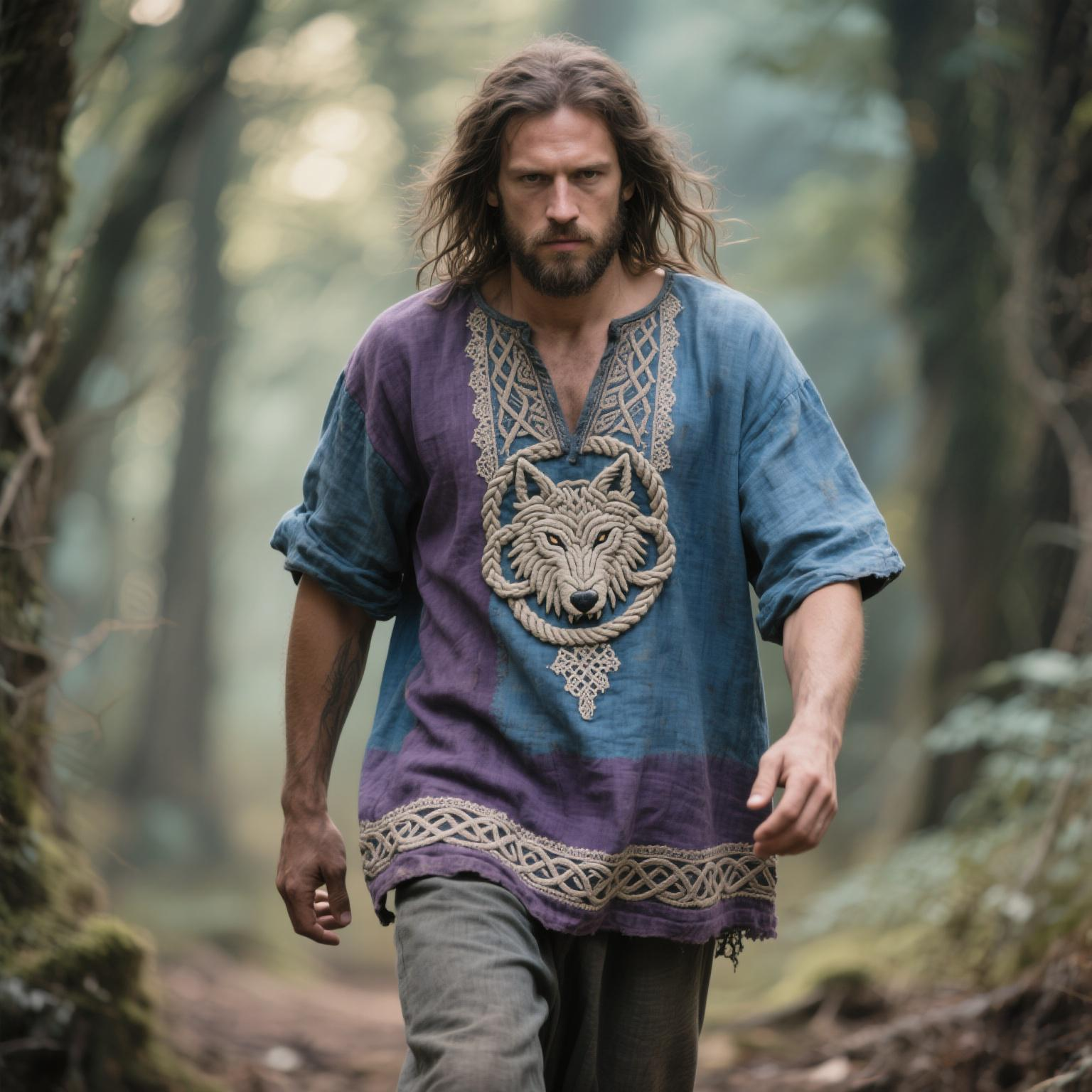 Men's Vintage Viking Celtic Wolf Embroidered Contrast V-neck Linen Blend Shirt elevenforest