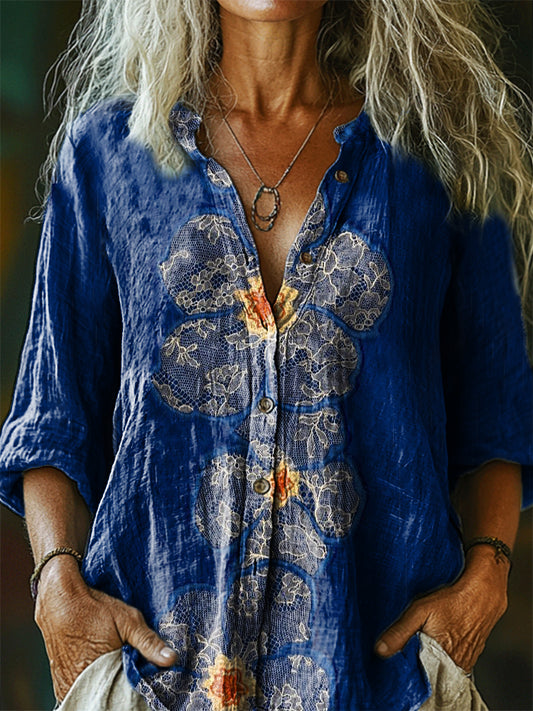 Women's Bohemian Floral Art Print Casual Cotton Linen Shirt
