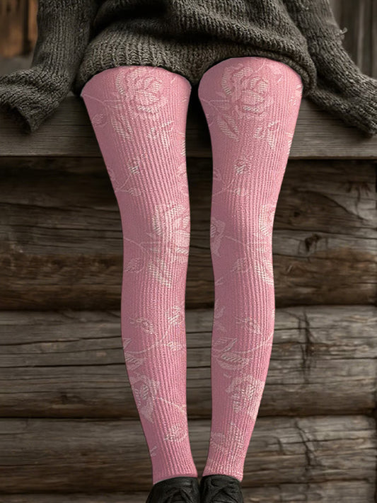 Women's Retro Pink Awareness Flowers Print Leggings elevenforest