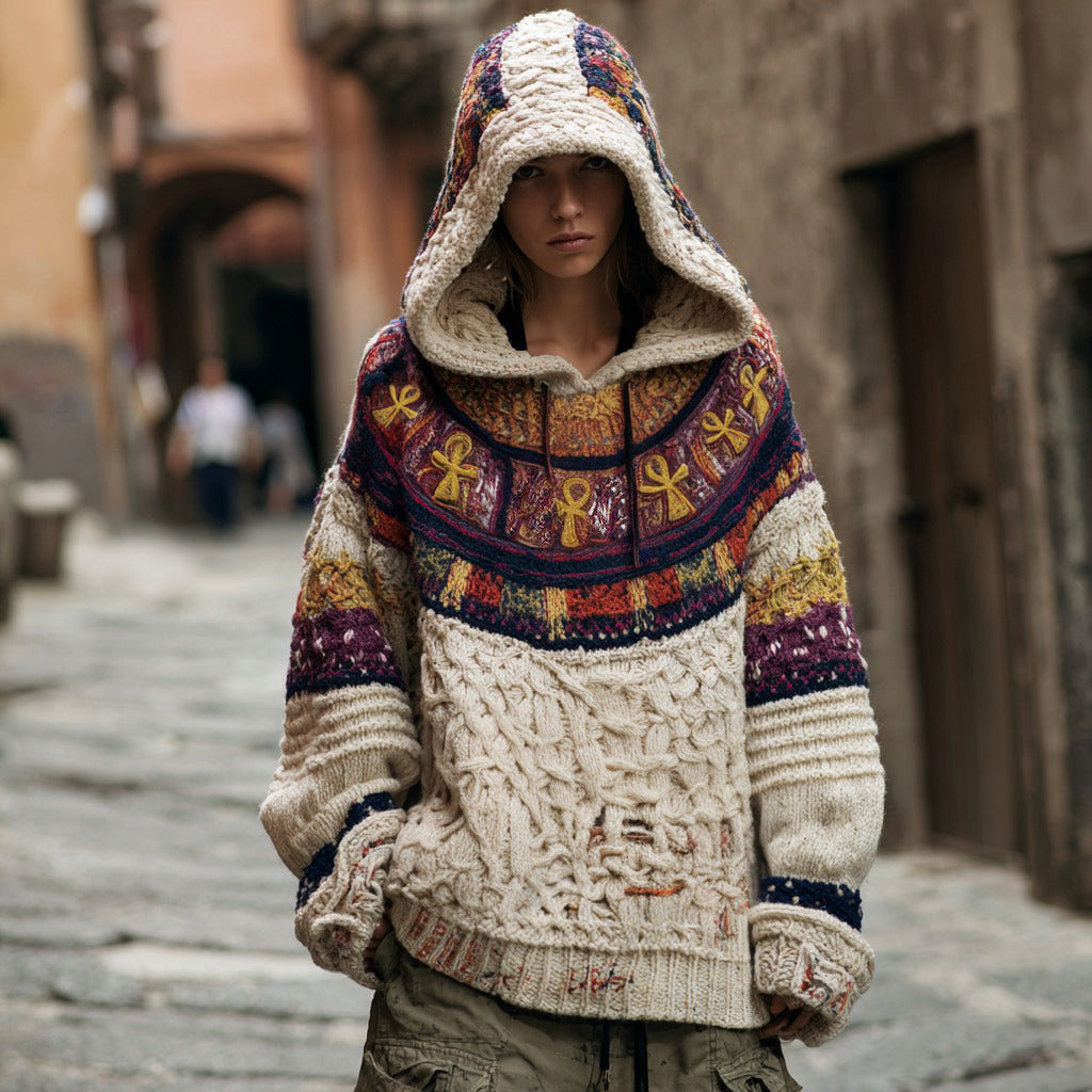 Comstylish Women's Ancient Egyptian Ankh Geometric Knitted Jacquard Hooded Sweater