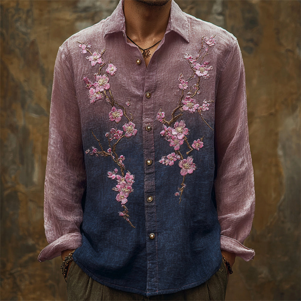 Vintage Cherry Blossom Embroidery Gradient Men's Linen Long Sleeve Shirt elevenforest