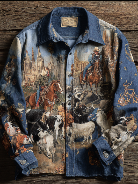Western Cowboy Style Animal Elements Retro Cotton And Linen Men's Shirt elevenforest