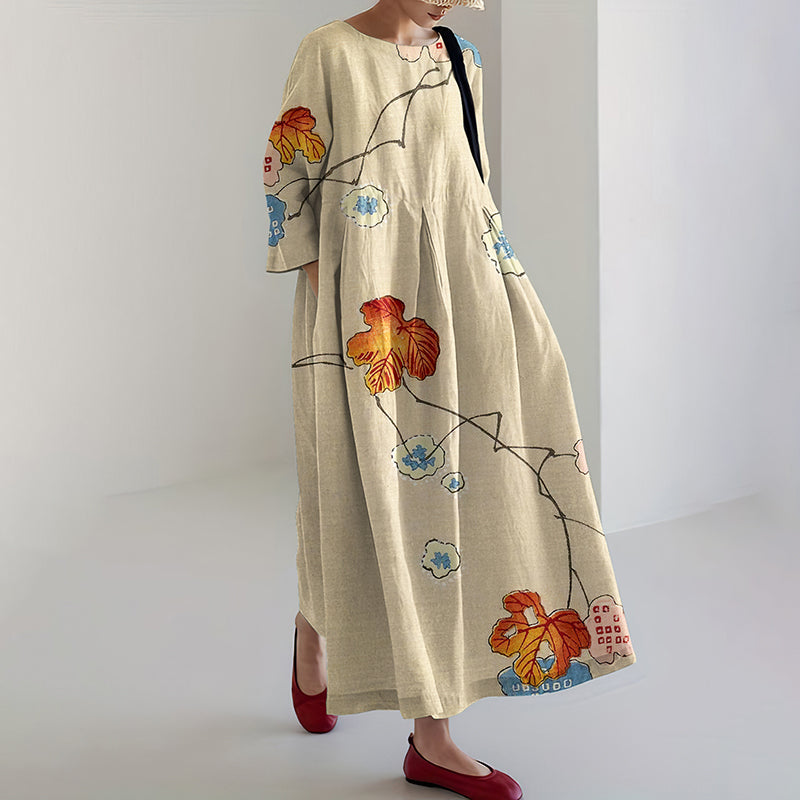 Comstylish Vintage Japanese Floral Art Pattern Flowy Linen Maxi Dress
