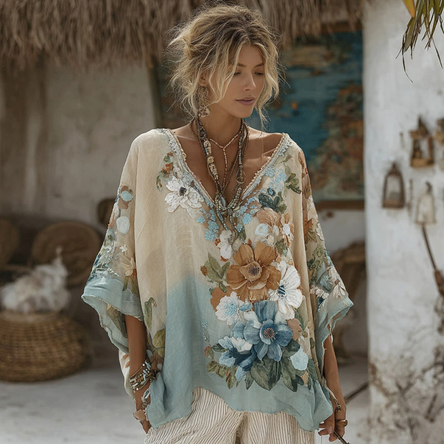 Vintage Floral Embroidered Art Linen Long Sleeve Shirt elevenforest