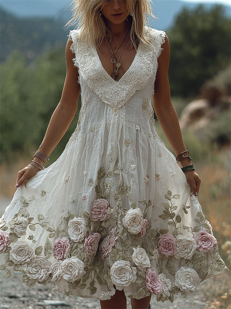 Vintage Boho Pink & White Roses Lace Flowy Linen Dress elevenforest