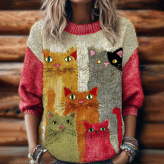 Comstylish Women's Funny Cat Embroidery Round Neck Sweater