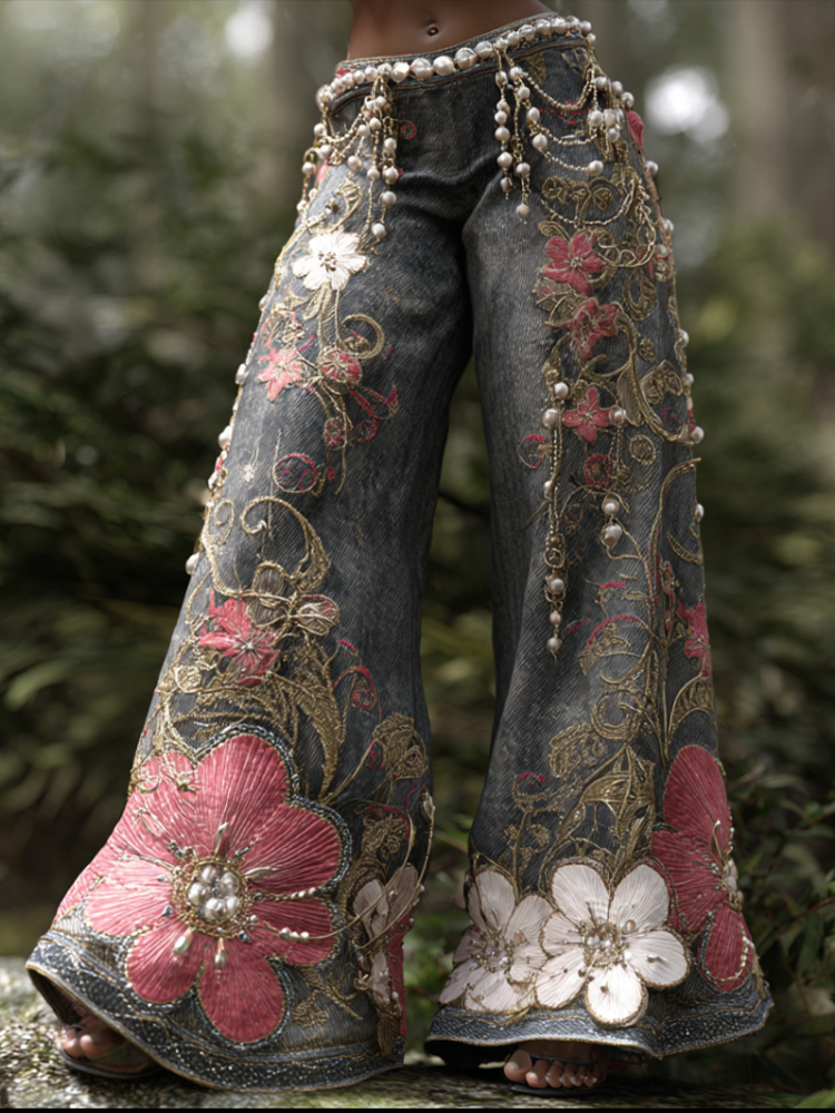 Bohemian Style Women's Plant Flower Embroidery Loose Fit Wide Leg Straight Leg Denim Long Pants elevenforest