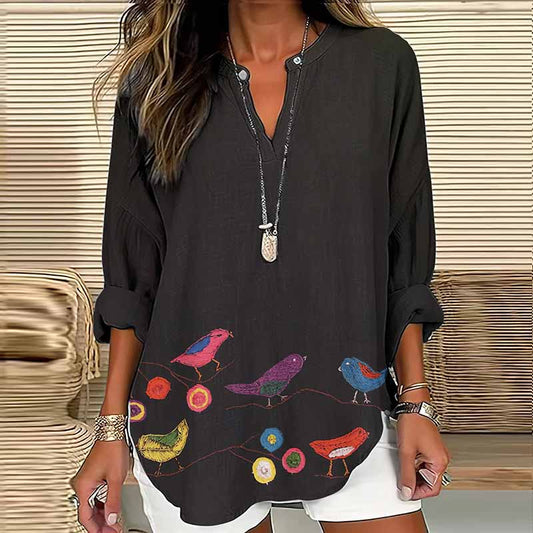 Women's Vintage Bird Art Embroidery V-neck Shirt elevenforest