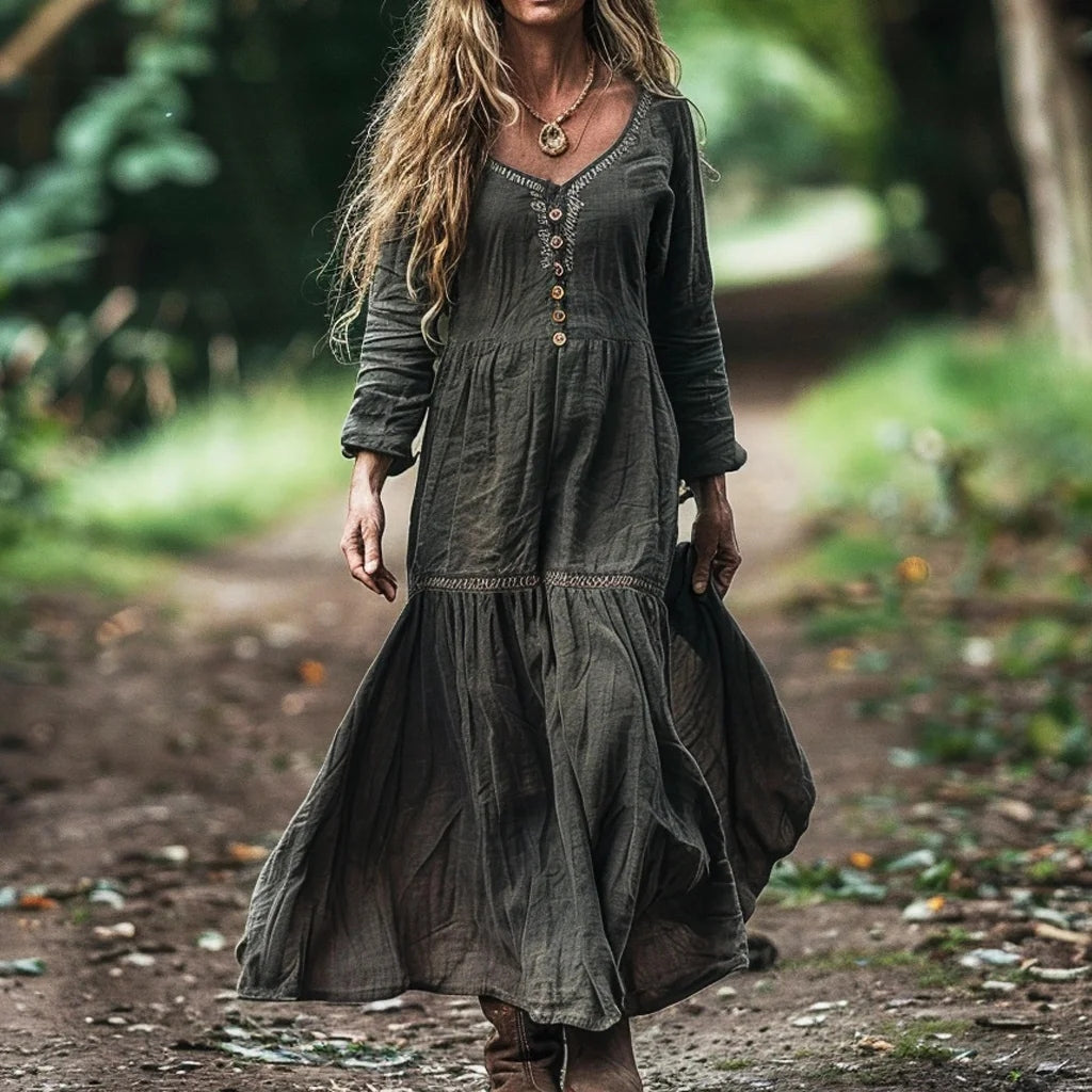 Women's Bohemian V-neck Linen Blend Midi Dress elevenforest