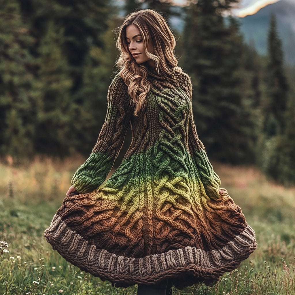 Women's Vintage Celtic Intricate Knot Jacquard Contrast Sweater Dress elevenforest