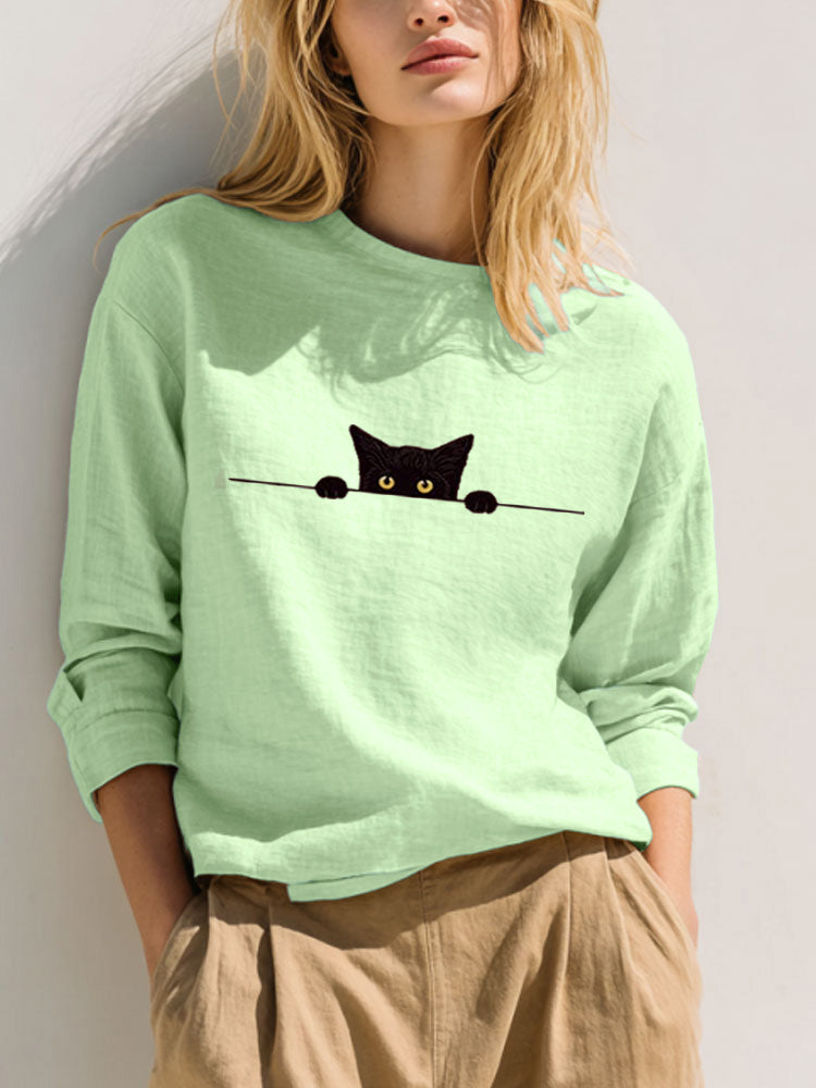 Women's Casual Funny Black Cat Print T-shirt elevenforest