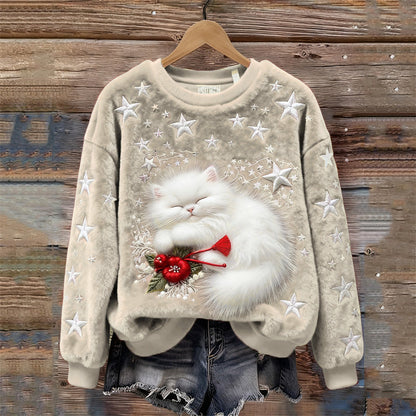Christmas Sleeping Fuzzy Cat Stars Embroidered Cozy Plush Sweatshirt elevenforest