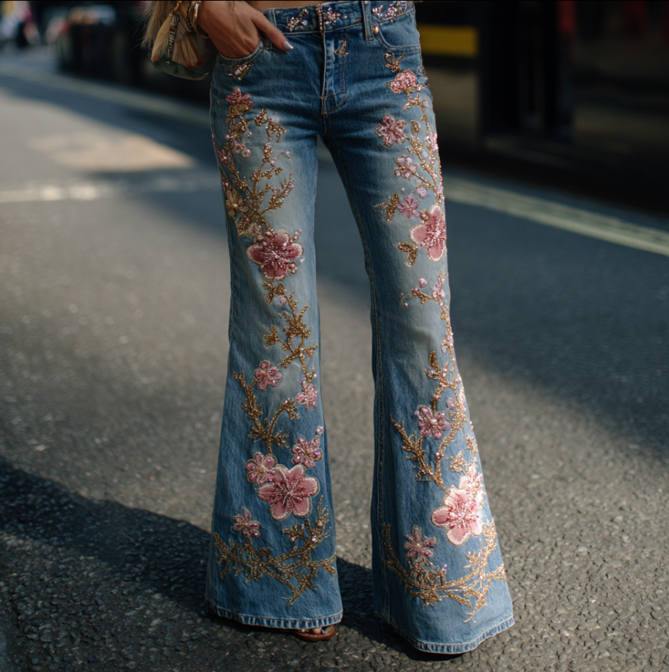 Bohemian Style Women's Plant Flower Embroidery Loose Fit Wide Leg Straight Leg Denim Long Pants elevenforest