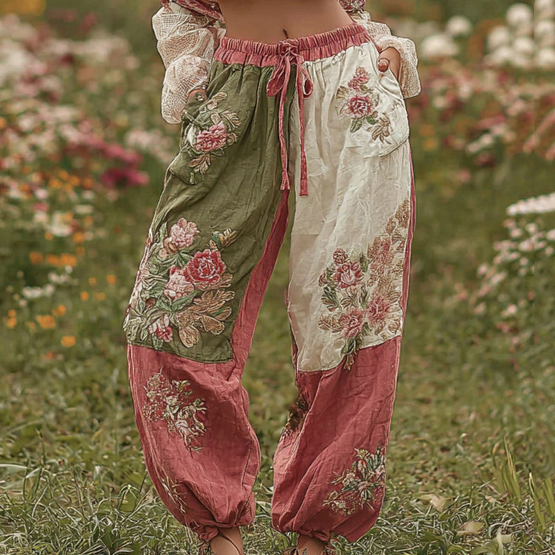 Women's Patchwork Rose Floral Contrast Waist Elastic Pocket Pants elevenforest