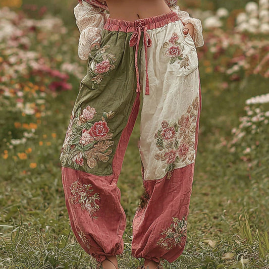 Women's Patchwork Rose Floral Contrast Waist Elastic Pocket Pants elevenforest