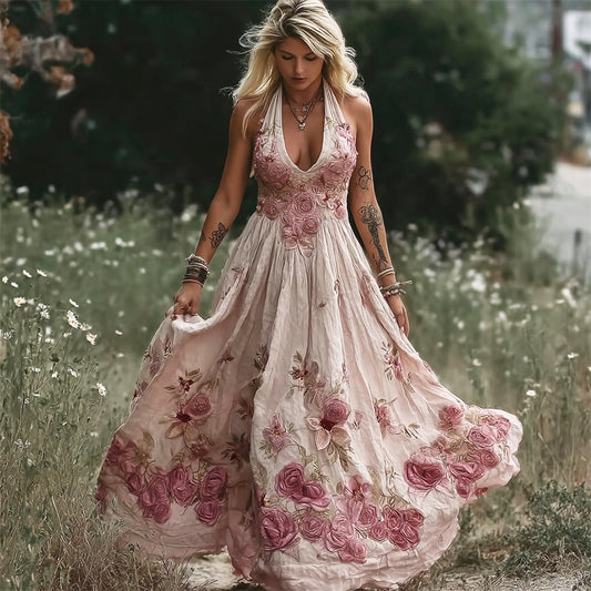 Romantic Floral Lace Embroidery Boho Women's Linen Vest Maxi Dress elevenforest