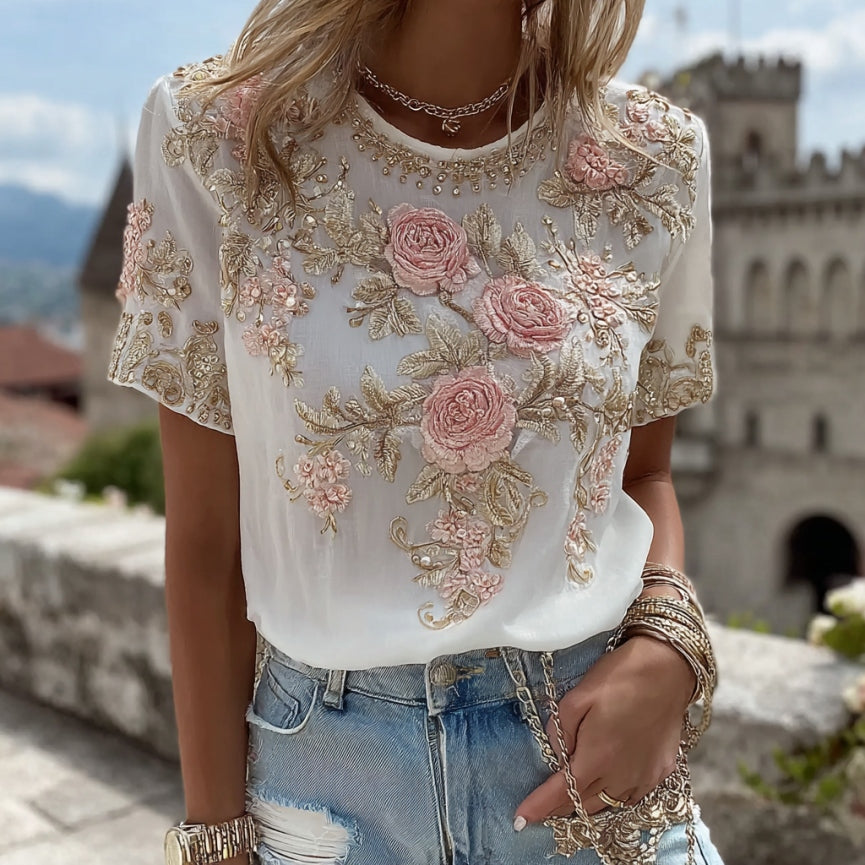 Women's Vintage Pink Rose Embroidery Art Short Sleeve Linen Blend T-shirt elevenforest