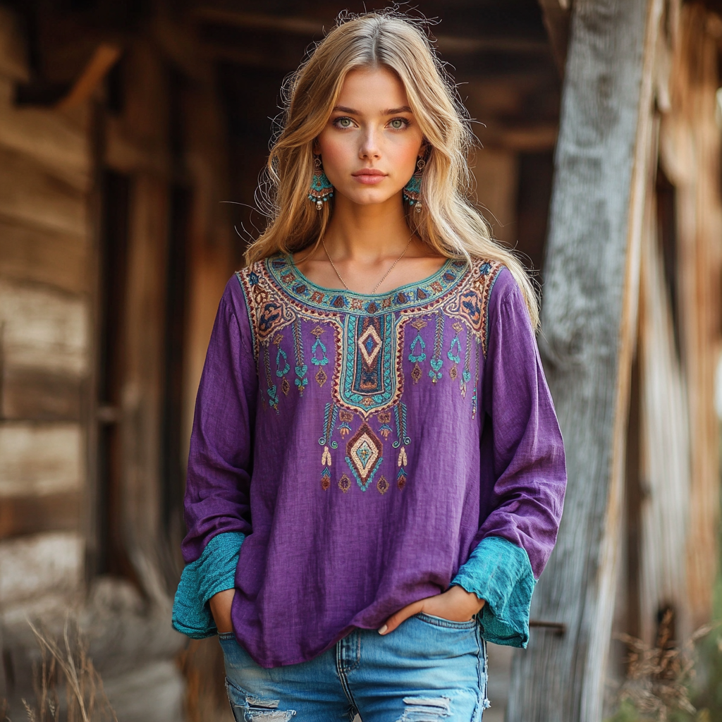 Vintage Bohemian Tribal Art Embroidery Print Cotton And Linen Round Neck Loose Shirt elevenforest