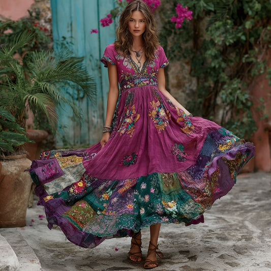 Women's Retro Flower Embroidery Patchwork Art V-neck Short Sleeve Maxi Dress elevenforest