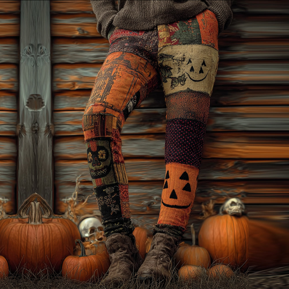 Halloween-themed Knitted Pants With A Patchwork Of Pumpkin-colored Blocks artswardrobe