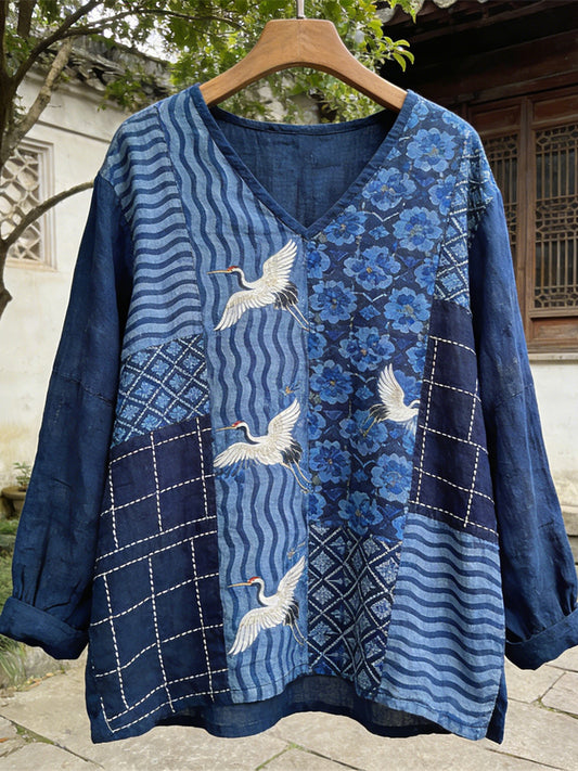 Comstylish Japanese Geometric Patchwork Crane Pattern Women's Linen V-neck Shirt