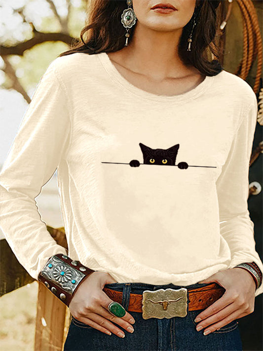 Women's Casual Funny Black Cat Print T-shirt elevenforest